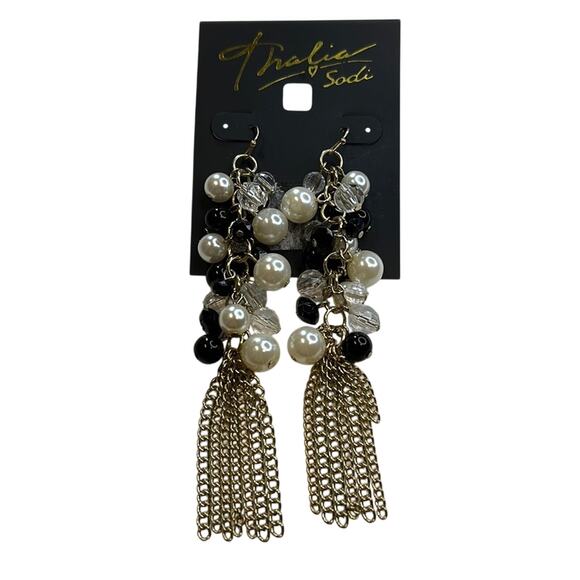 Thalia Sodi Gold Dangle Earrings, Clear, Black, & White Beaded Details, NWT! - Picture 1 of 4